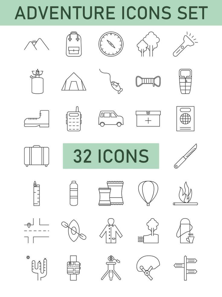 Black Line Art Set of Adventure Icon In Flat Style. vector