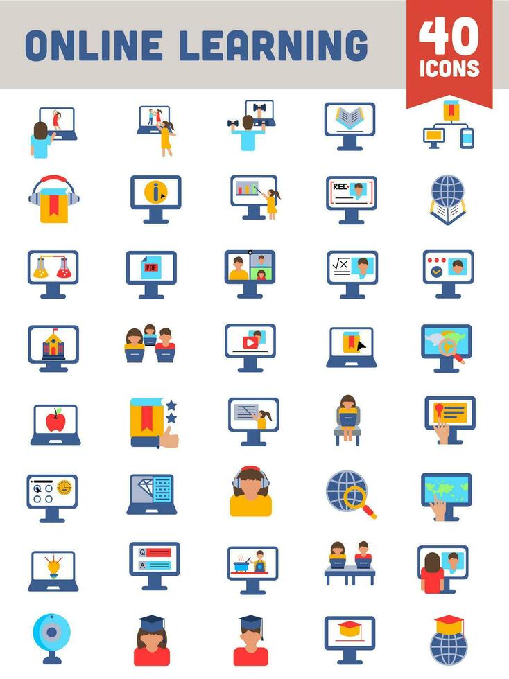 Colorful Online Learning Icon Set in Flat Style. vector