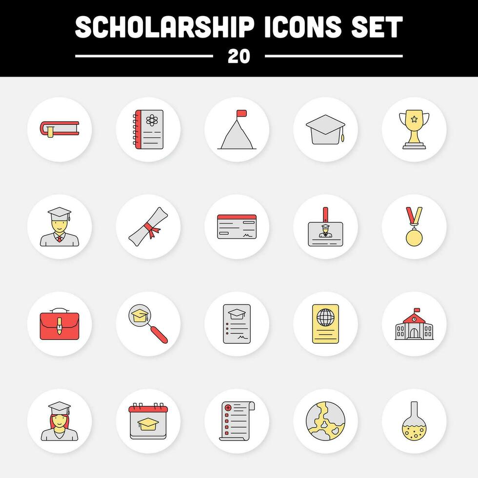 Flat Scholarship Icon Set On White Circles Background. vector