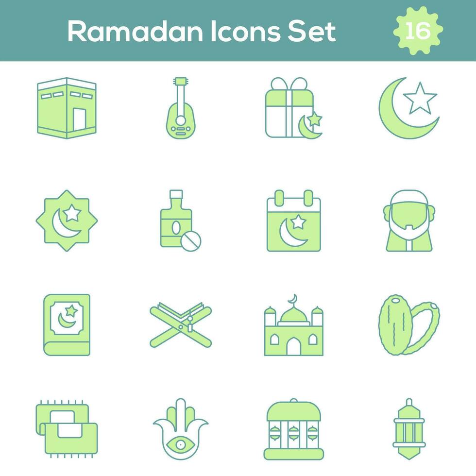 Green And White Color Set of Ramadan Icon In Flat Style. vector