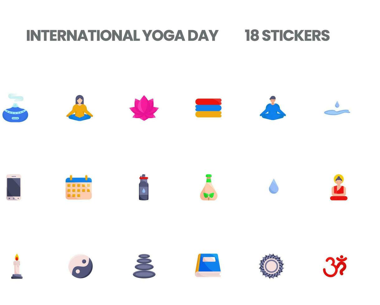 Colorful Sticker Of International Yoga Day 18 Icon Set In Flat Style. vector