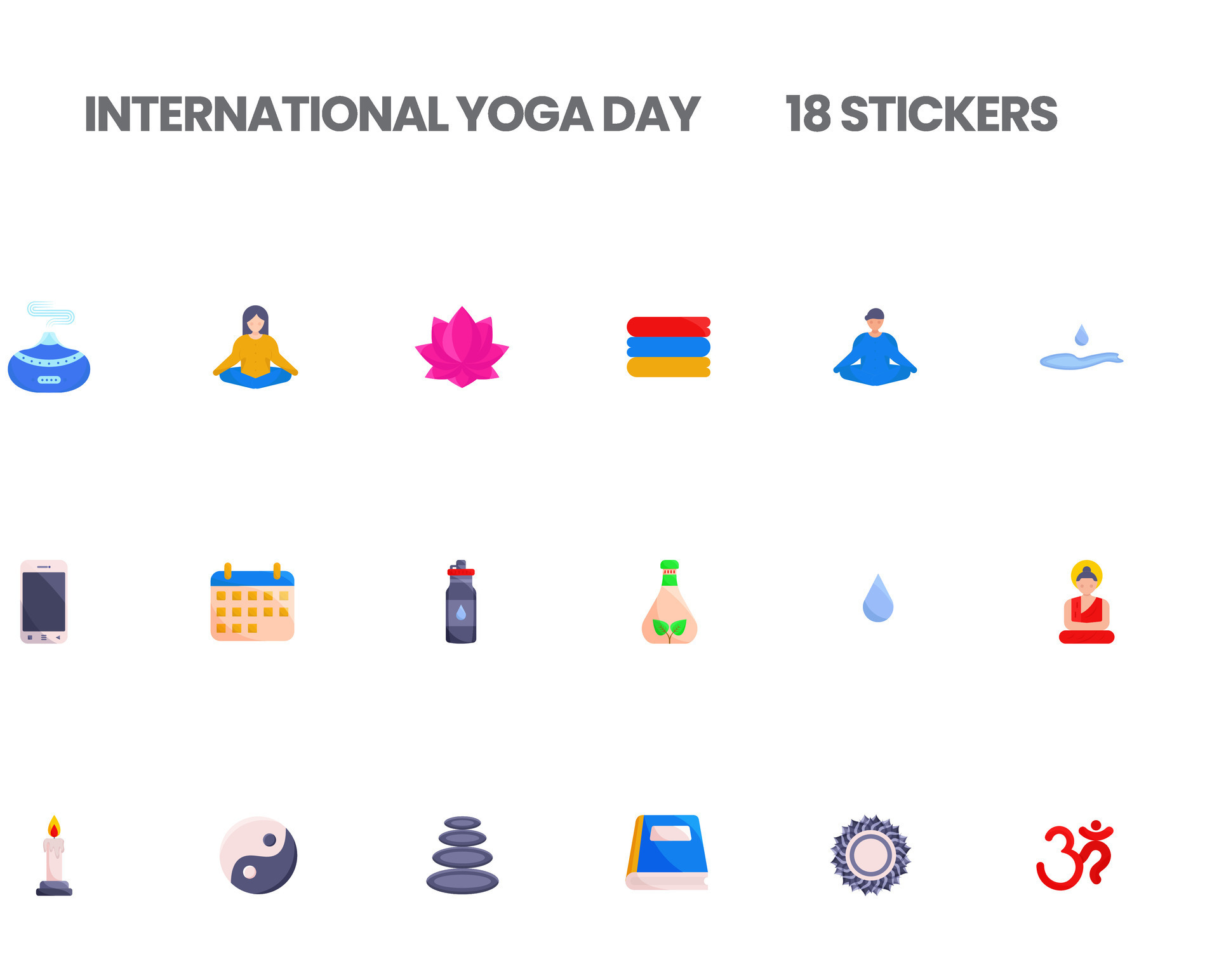 Colorful Sticker Of International Yoga Day 18 Icon Set In Flat Style