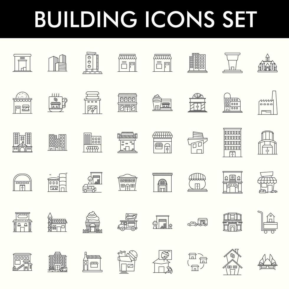 línea Arte ilustración de edificio icono conjunto en blanco antecedentes. vector