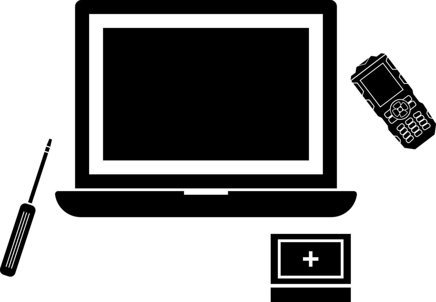 black and white laptop, screw driver and remote control. vector