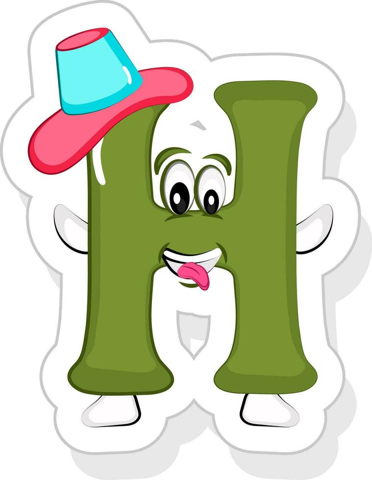 Green H Alphabet Cartoon Character Wearing Top Hat Icon In Sticker Style. vector