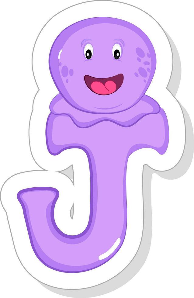 Purple J Alphabet Animal Cartoon Jellyfish Icon In Sticker Style. vector