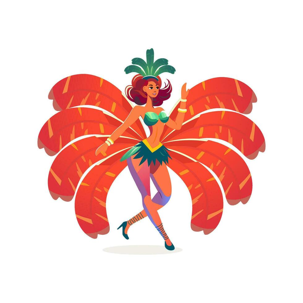 hermosa joven hembra vistiendo pluma disfraz en bailando pose. carnaval o samba danza concepto. vector