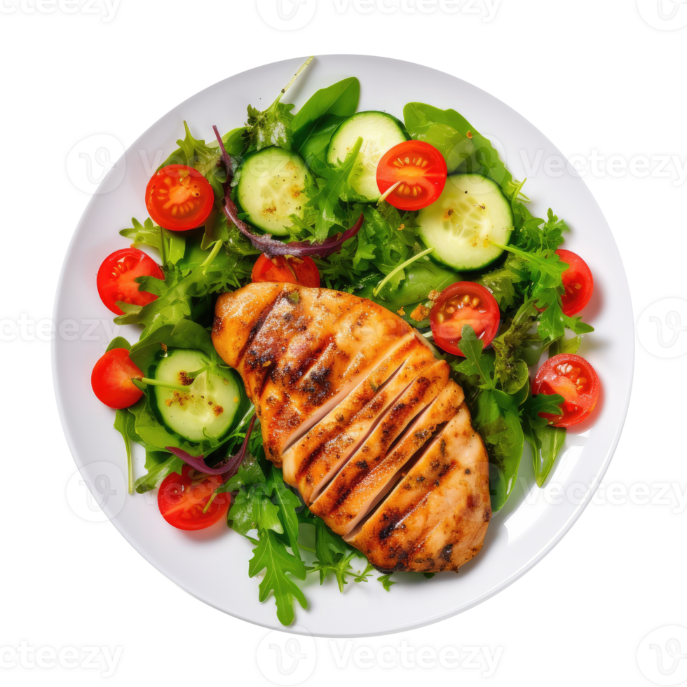 Grilled chicken breast and vegetables isolated. Illustration png