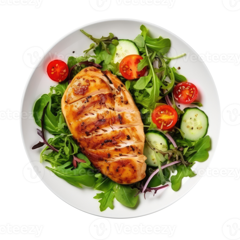 Grilled chicken breast and vegetables isolated. Illustration png