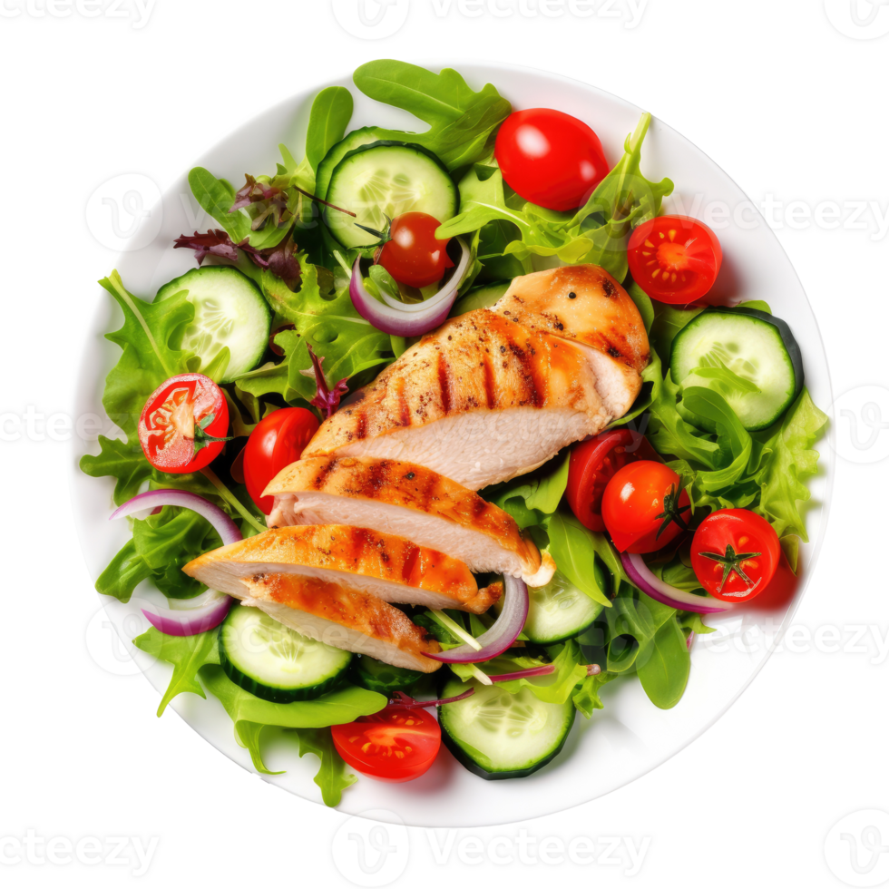 Grilled chicken breast and vegetables isolated. Illustration png