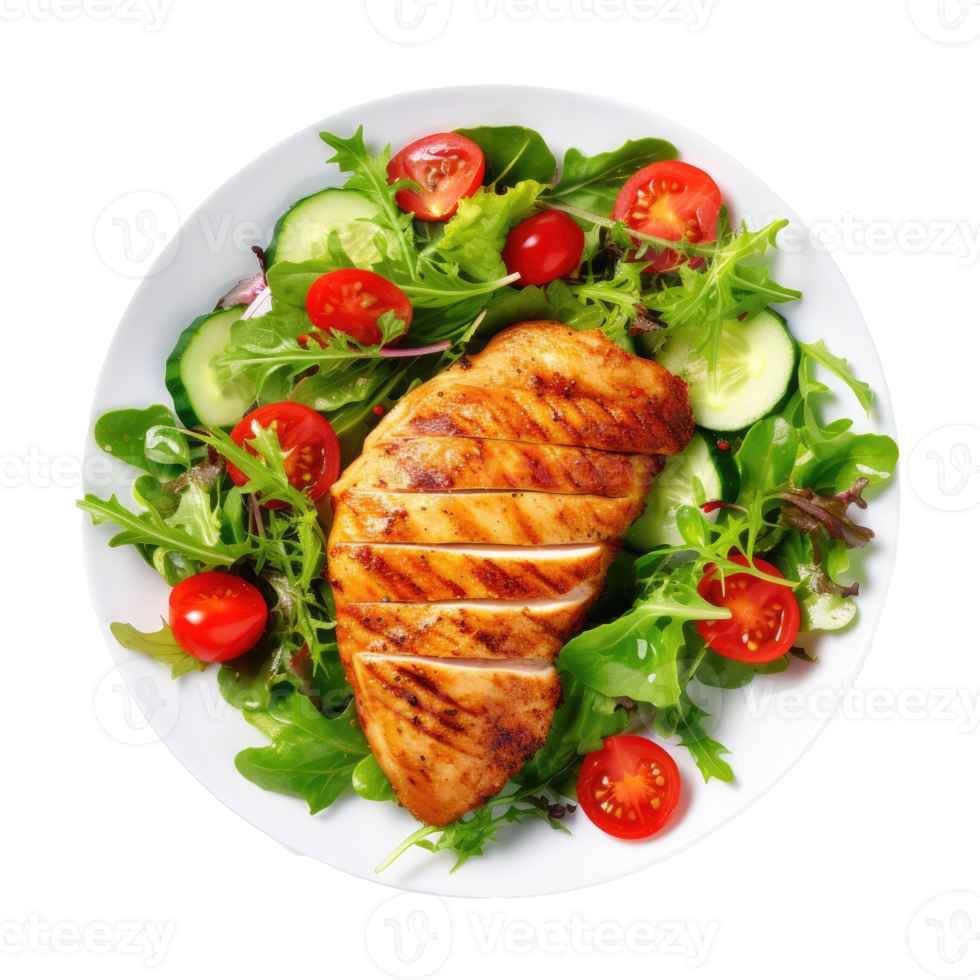 Grilled chicken breast and vegetables isolated. Illustration png
