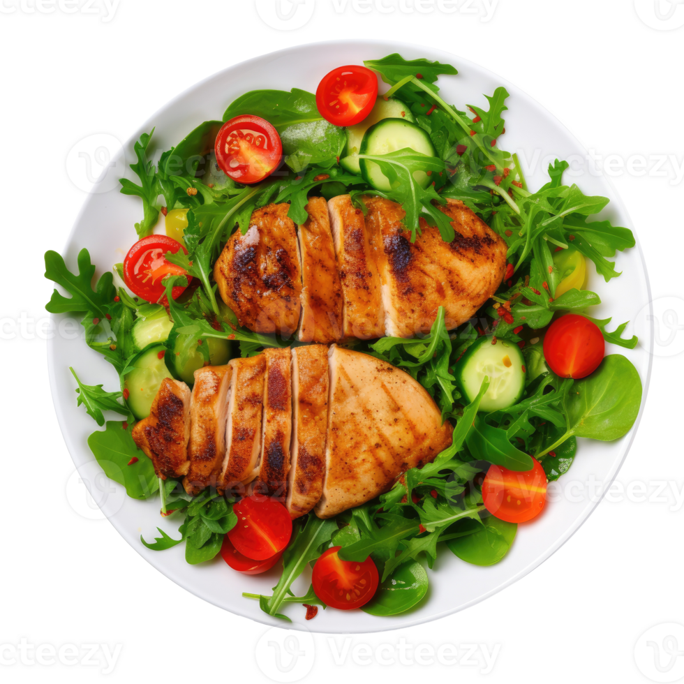 Grilled chicken breast and vegetables isolated. Illustration png