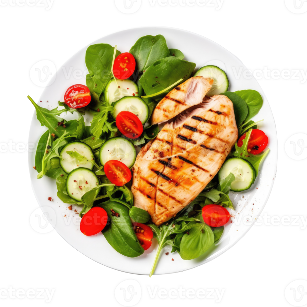 Grilled chicken breast and vegetables isolated. Illustration png