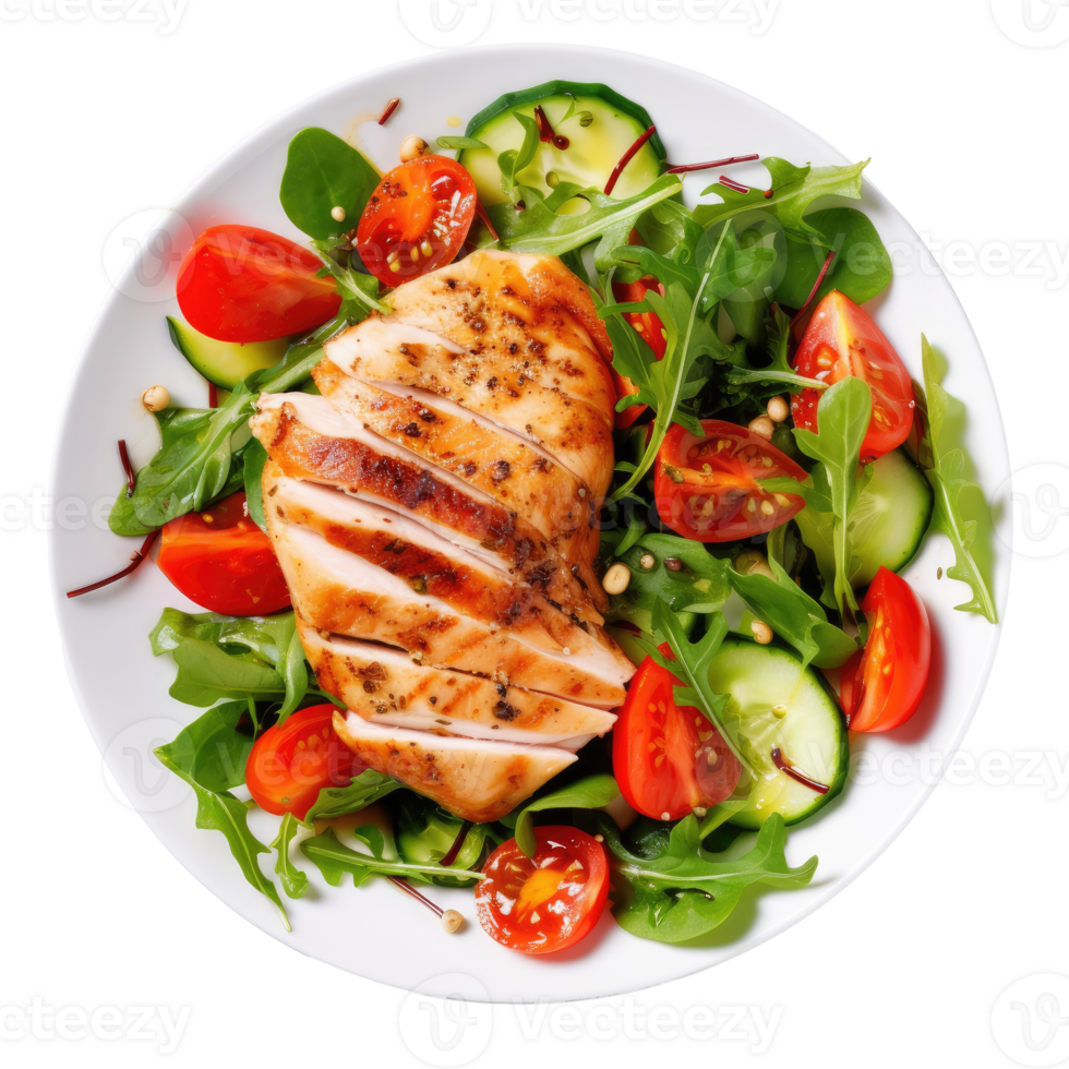 Grilled chicken breast and vegetables isolated. Illustration png
