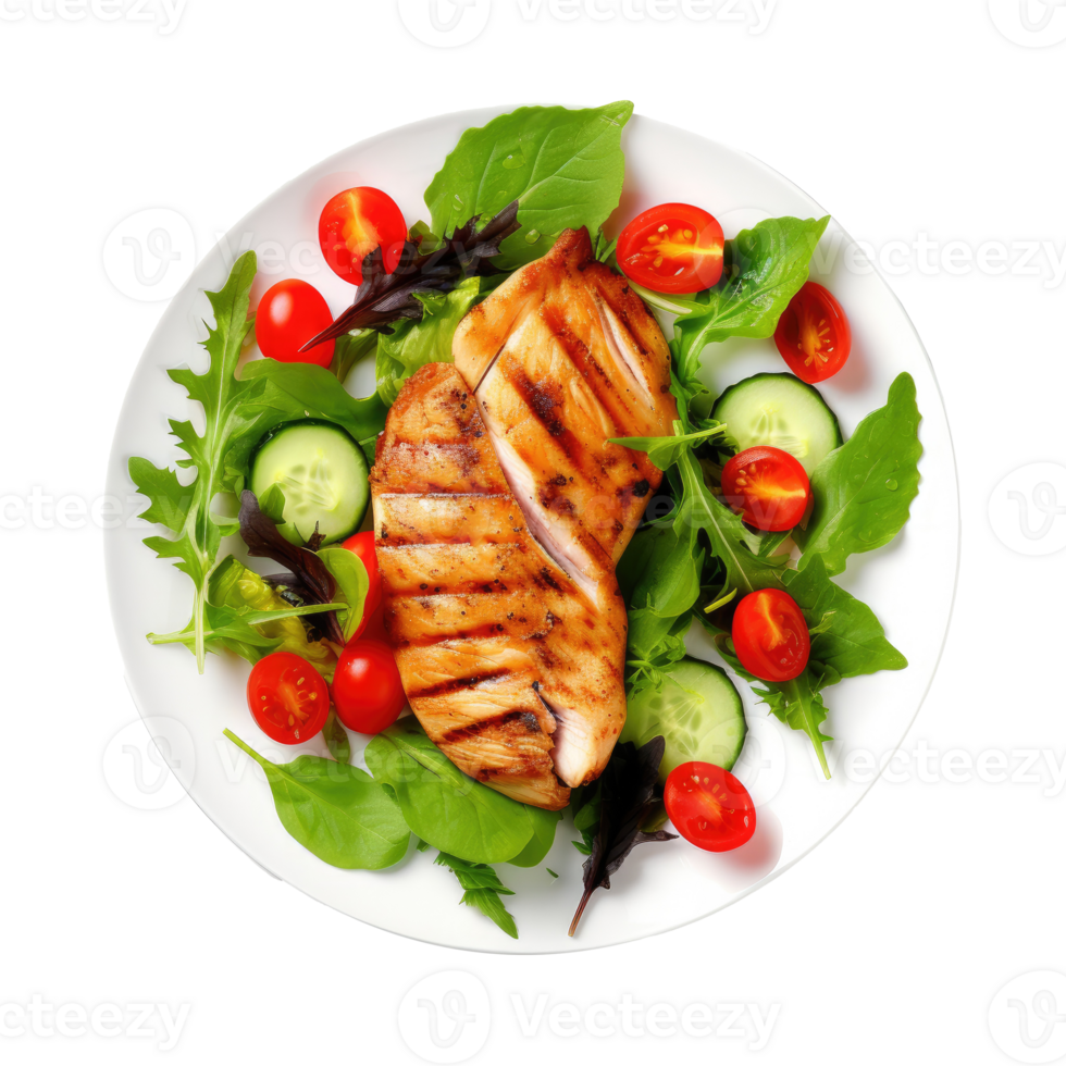 Grilled chicken breast and vegetables isolated. Illustration png