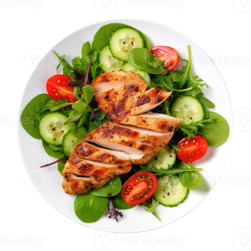 Grilled chicken breast and vegetables isolated. Illustration png