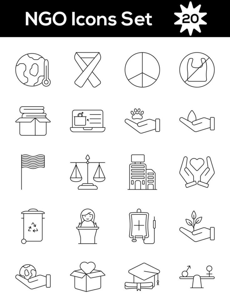 Black Line Art Set Of NGO Icon In Flat Style. vector