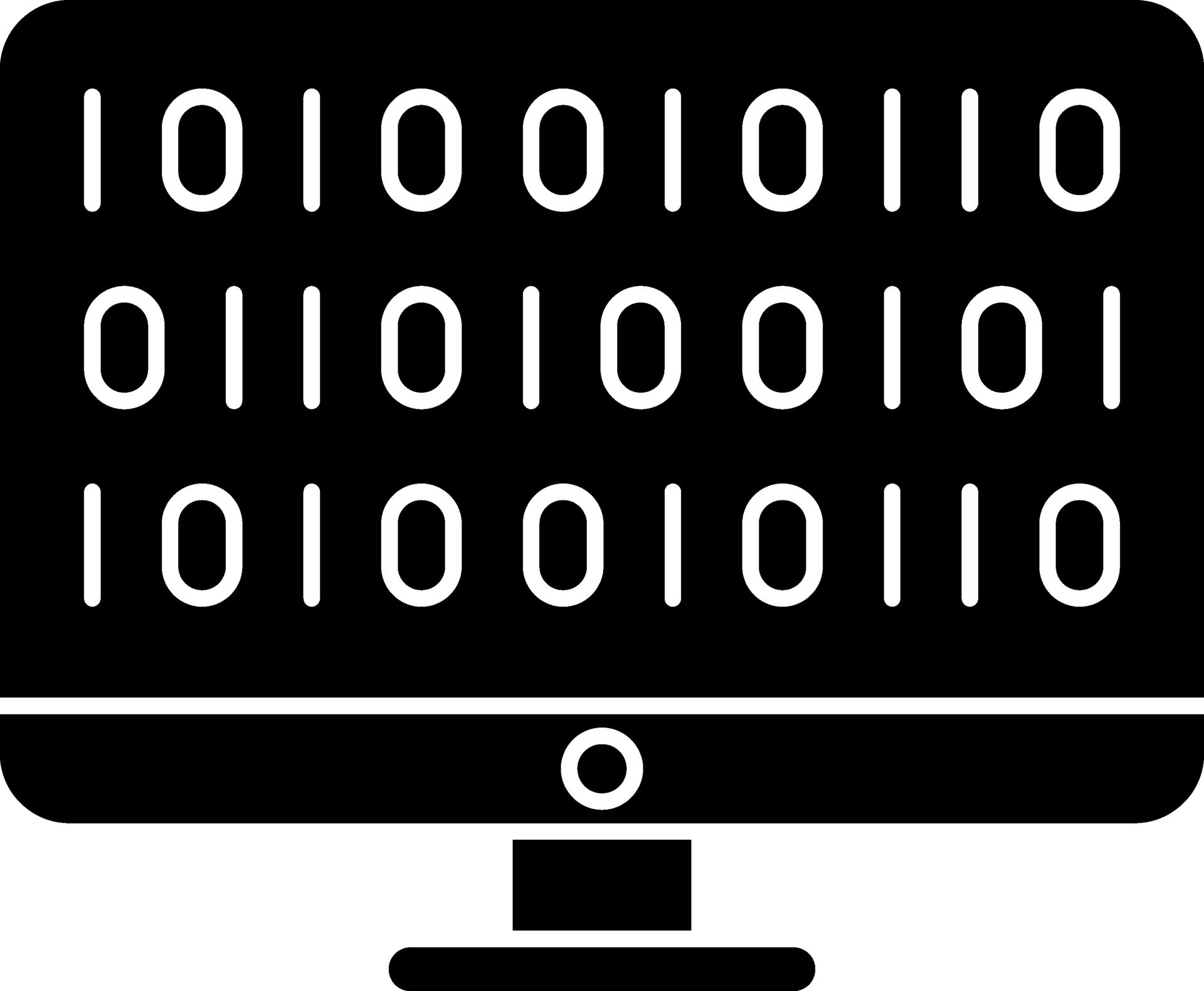 A stylized desktop icon featuring black and white binary code. This represents the digital interface of computing and the fundamental language of computers.