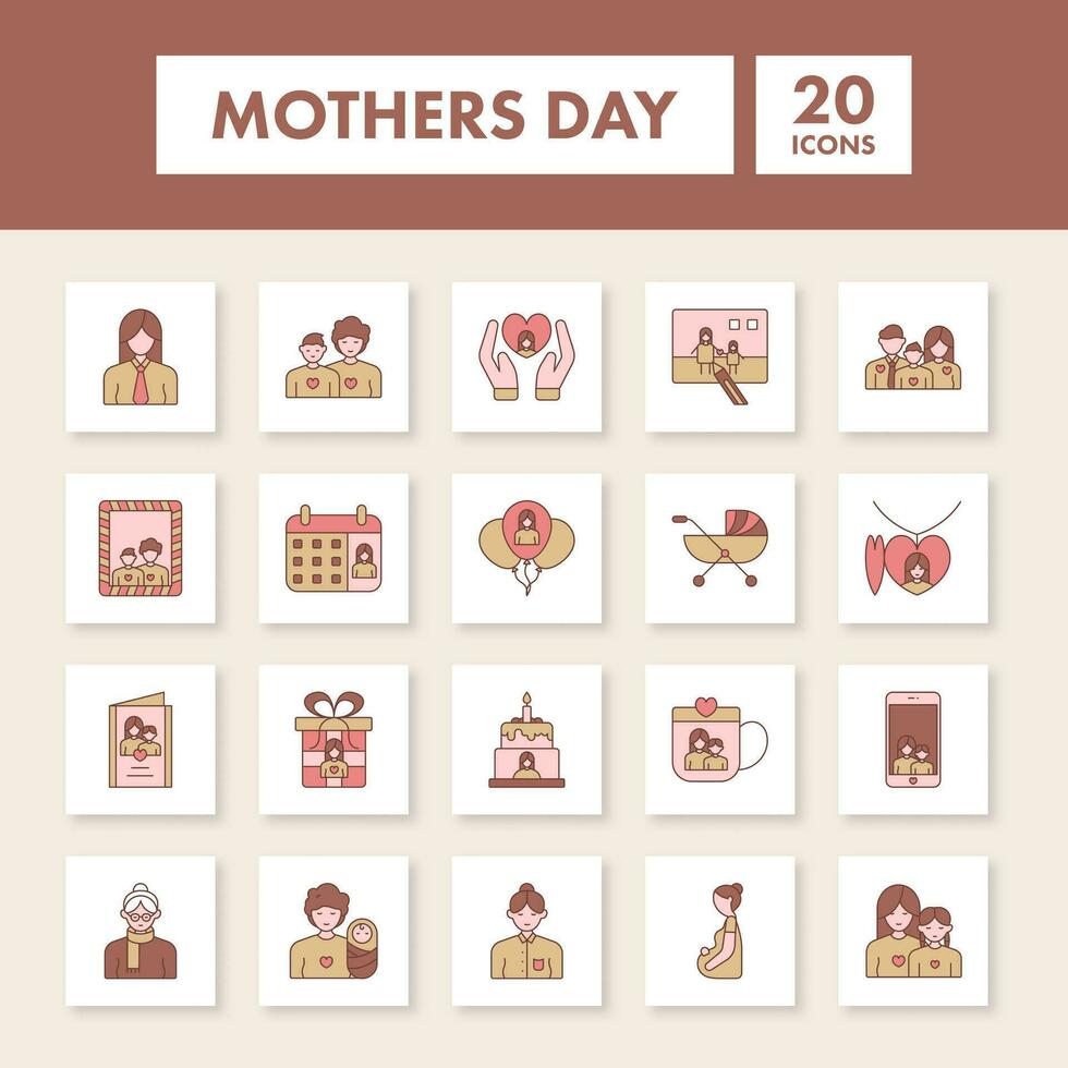 Brown And Pink Illustration Of Mother Day Sqaure Icon Set. vector