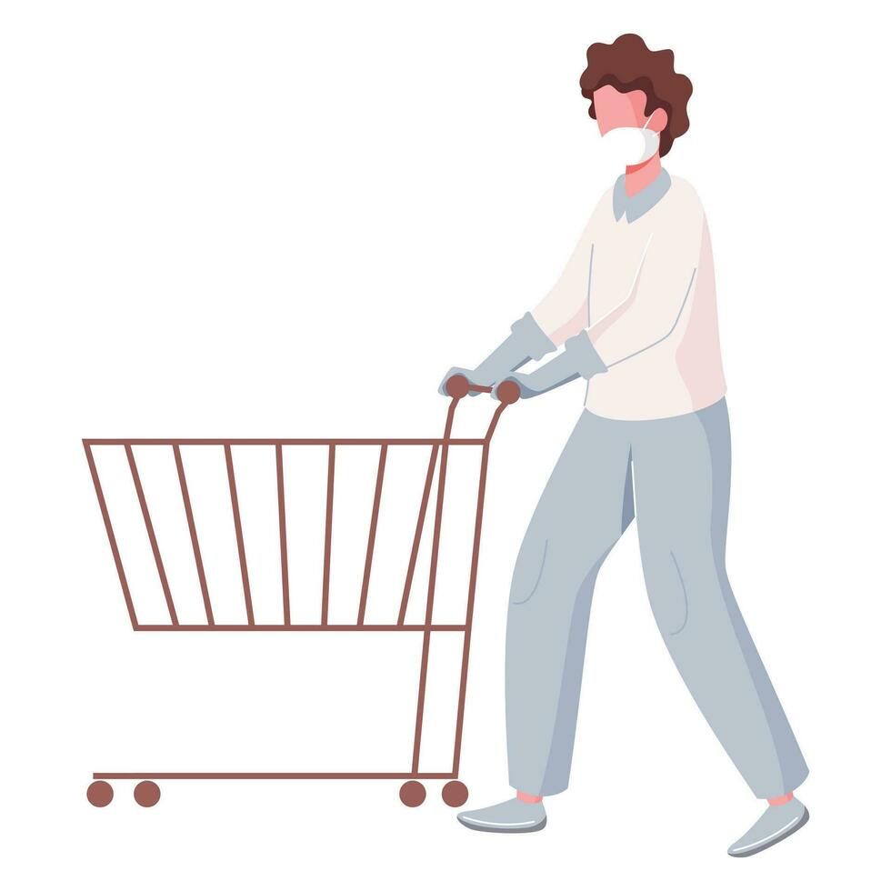 Illustration of Wearing Mask Man Holding Shopping Cart on White Background. vector