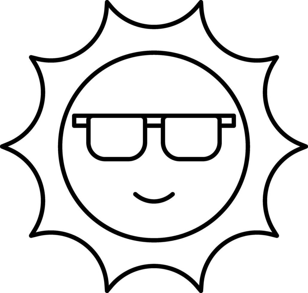 Cartoon Sun Wearing Eyeglasses In Line Art. vector