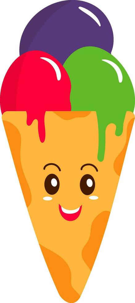 Isolated Cute Funny Ice Cream Cone Cartoon Character Colorful Sticker. vector