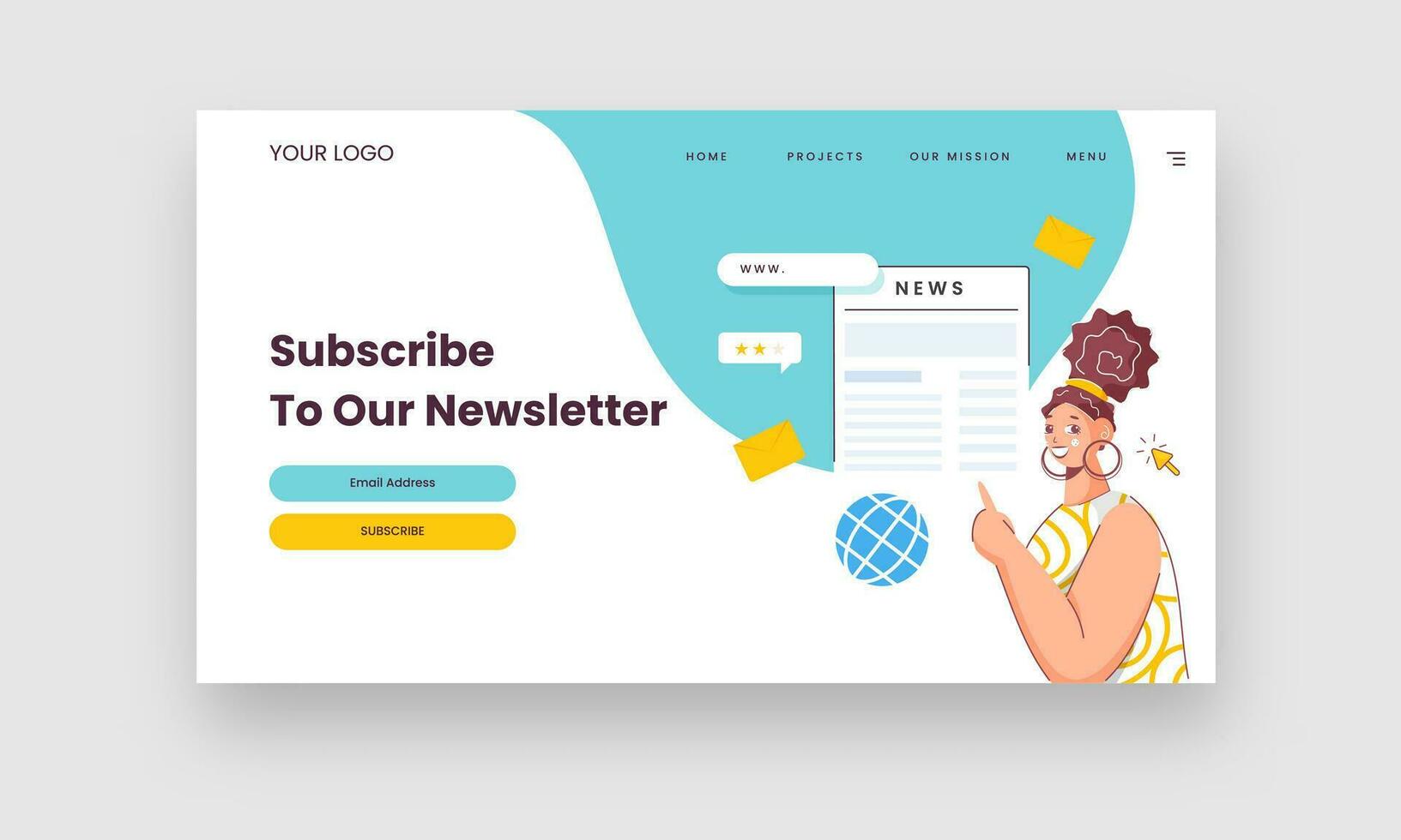 Subscribe To Our Newsletter Hero Banner With Young Woman Character. vector