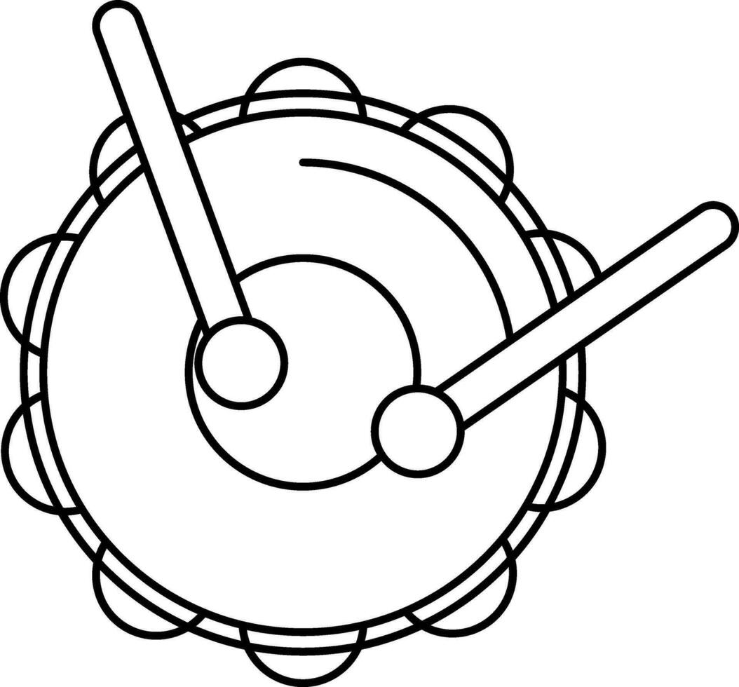 Black line art tambourine with drumsticks. vector