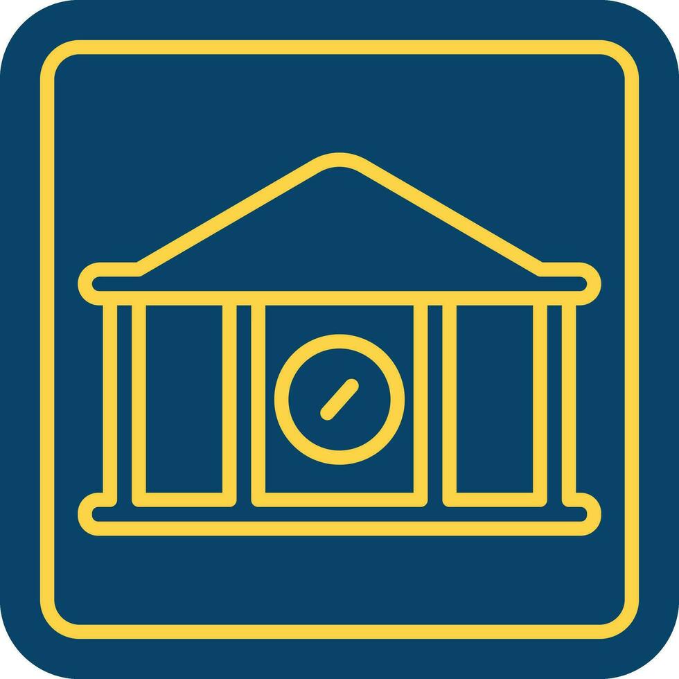 Yellow Line Art Bank Icon On Blue Square Background. vector