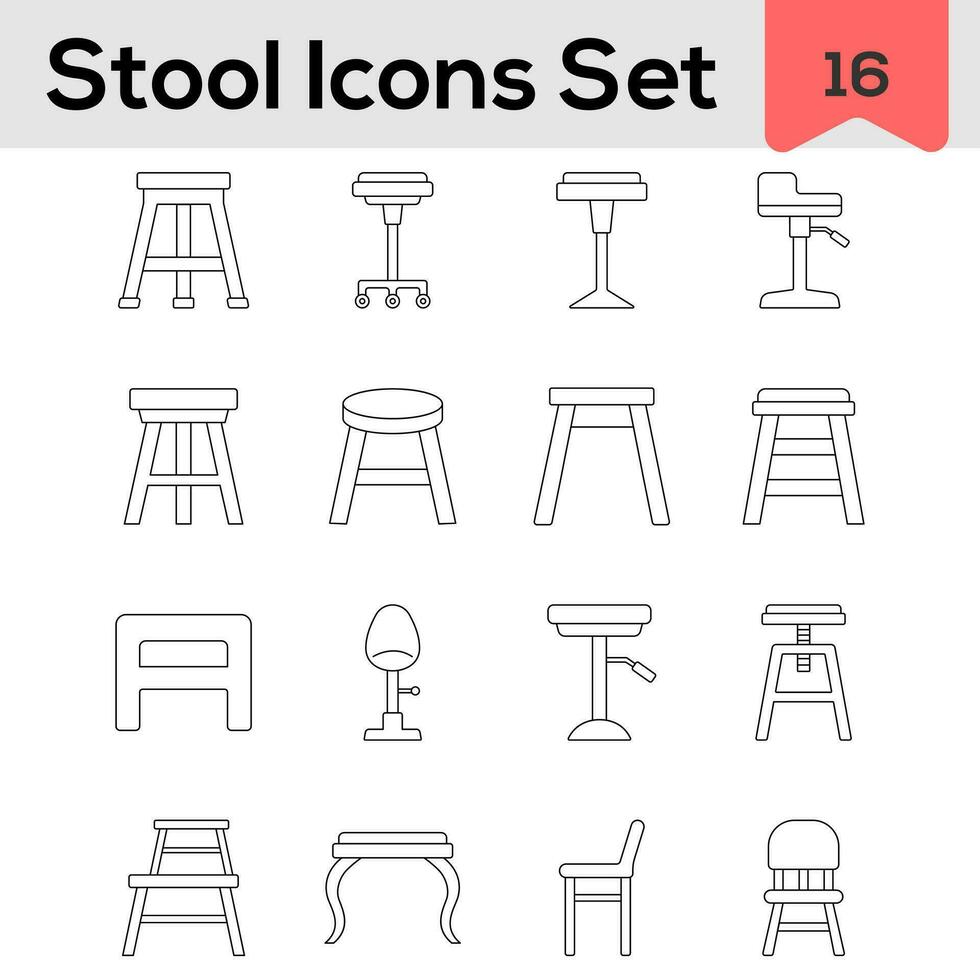 Set Of Stool And Chair Icon In Black Line Art. vector