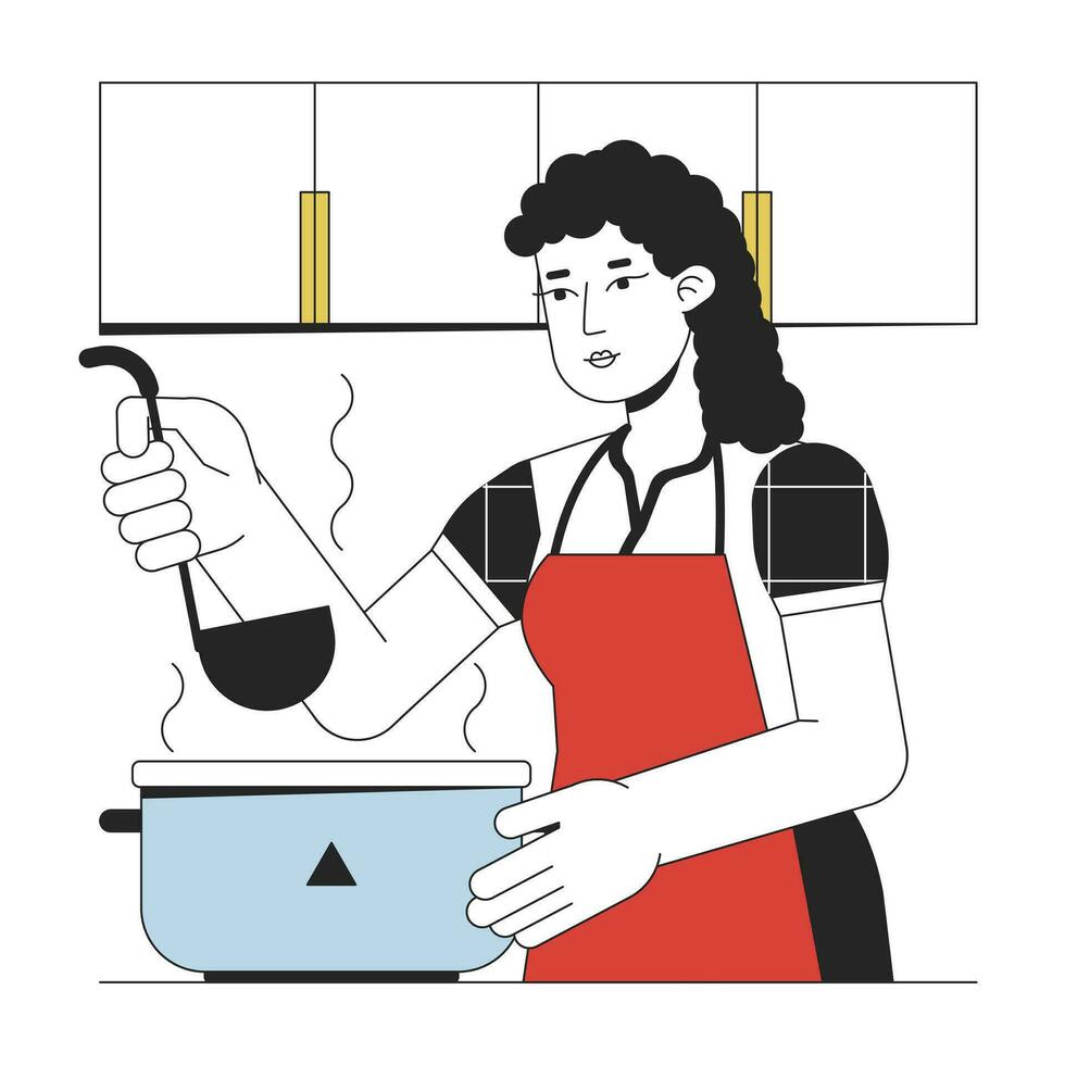 mujer Cocinando a hogar plano línea concepto vector Mancha ilustración. comida preparación 2d dibujos animados contorno personaje en blanco para web ui diseño. cocina aparato editable aislado vistoso héroe imagen