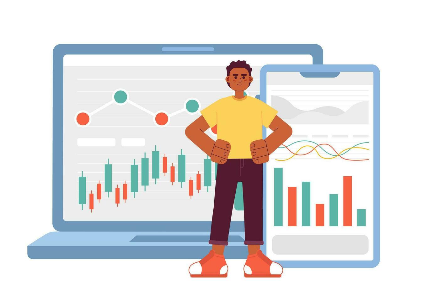 Businessman 2D vector isolated spot illustration. Investor show laptop with financial charts and diagrams flat financial operations on white background. Investition colorful editable scene