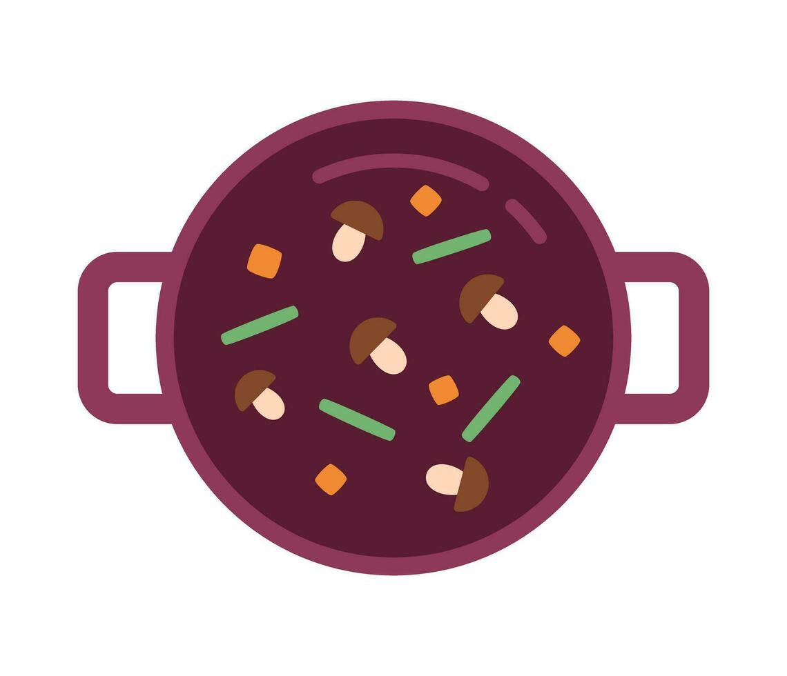 Top view on vegetables in pot semi flat colour vector object. Boiling soup. Editable cartoon clip art icon on white background. Simple spot illustration for web graphic design