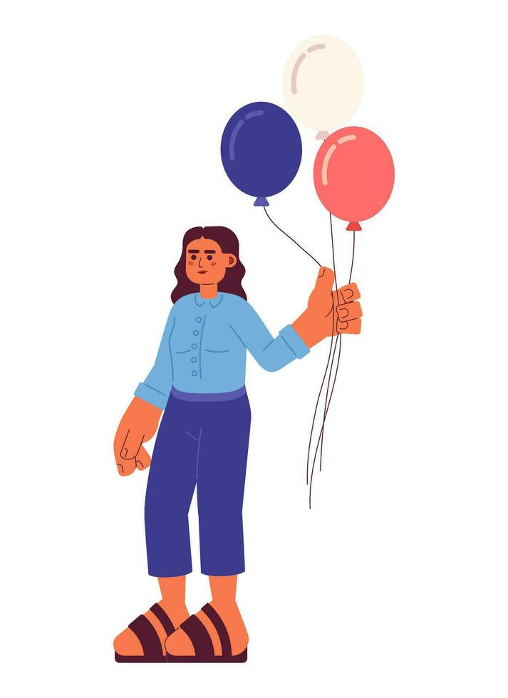 Arábica joven mujer participación rojo blanco y azul globos semi plano vistoso vector personaje. nosotros día festivo. editable lleno cuerpo persona en blanco. sencillo dibujos animados Mancha ilustración para web gráfico diseño