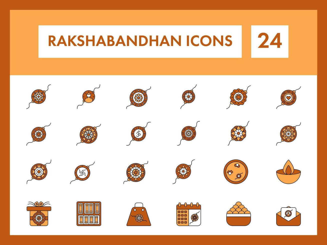 Different Rakhi with Festival Accessories Icon Set in Brown and White Color. vector