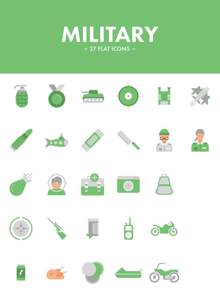 Green And White Color Set of Military Icon. vector