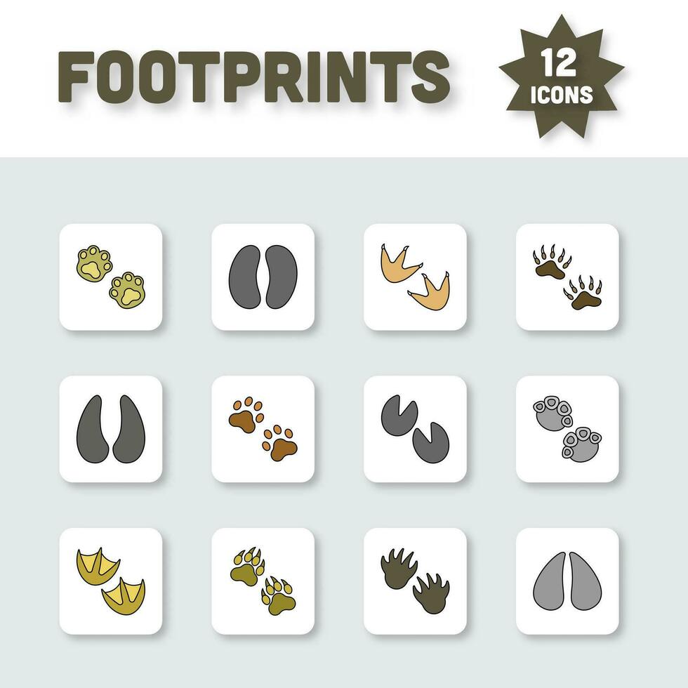 Colorful Footprint Icon Set On White Square Background. vector