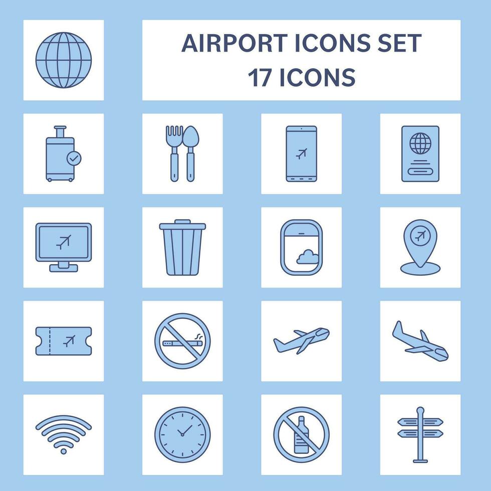 17 aeropuerto plano icono conjunto en blanco y azul cuadrado antecedentes. vector