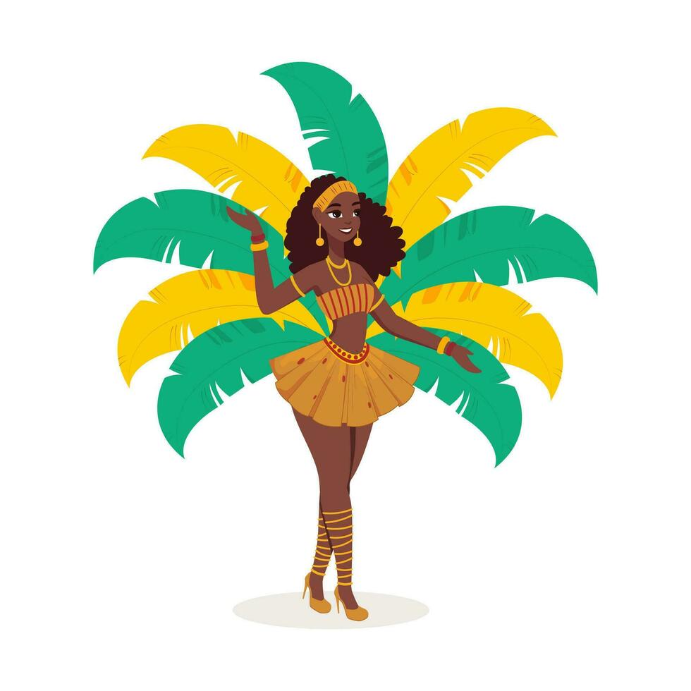 hermosa joven hembra vistiendo pluma disfraz en bailando pose. carnaval o samba danza concepto. vector