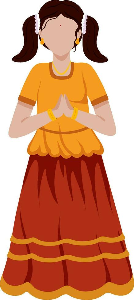 Lehenga Choli Wearing South Indian Young Girl Doing Namaste On White Background. vector