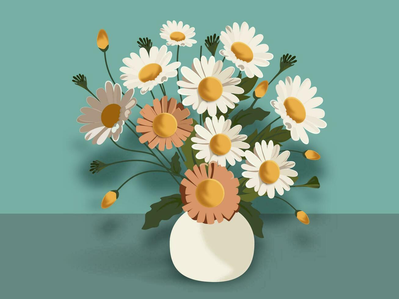 Illustration of Daisies Plant Pot On Pastel Turquoise Background. vector