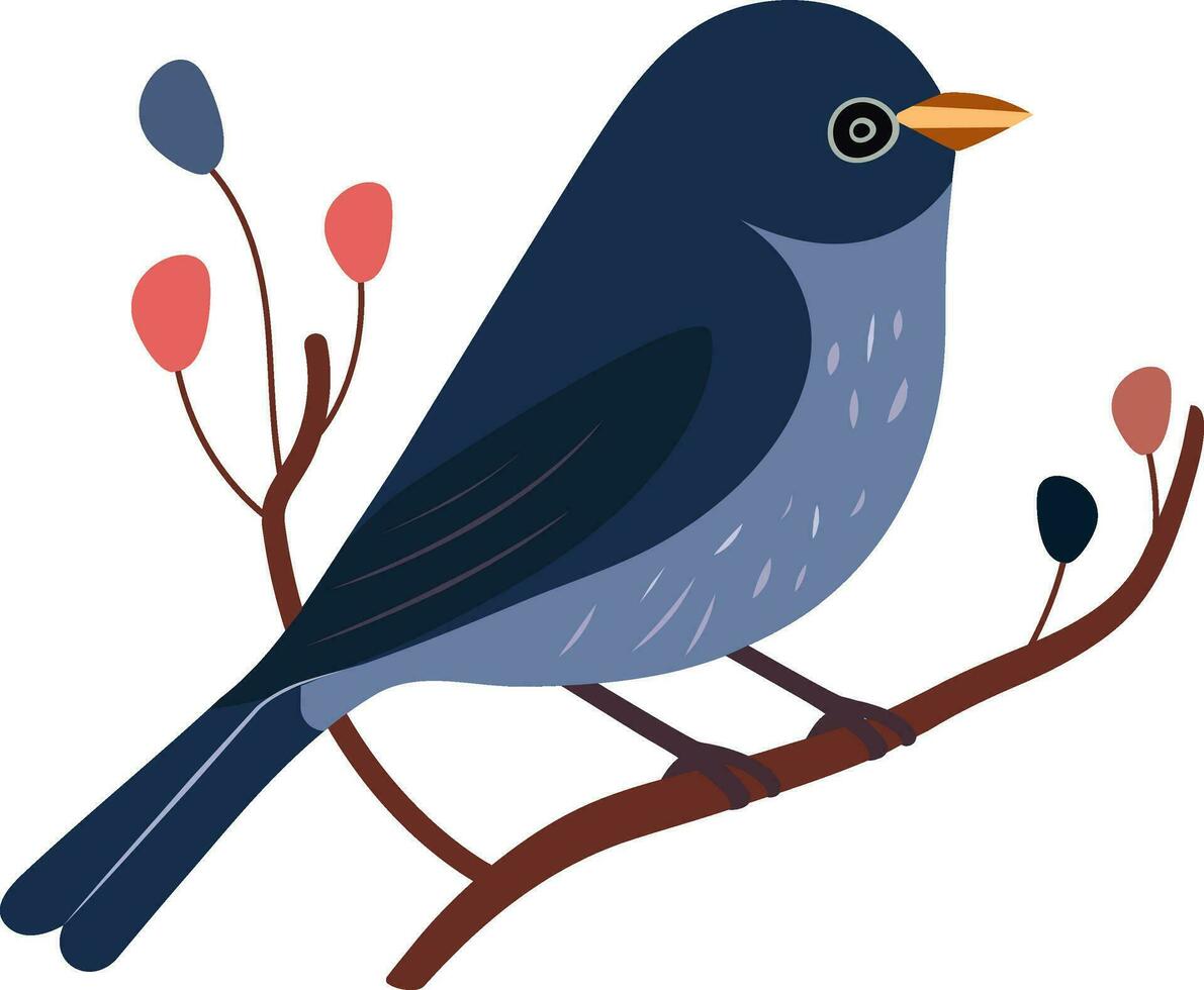 Cute Blue Bird Sitting On Floral Branch Icon. vector