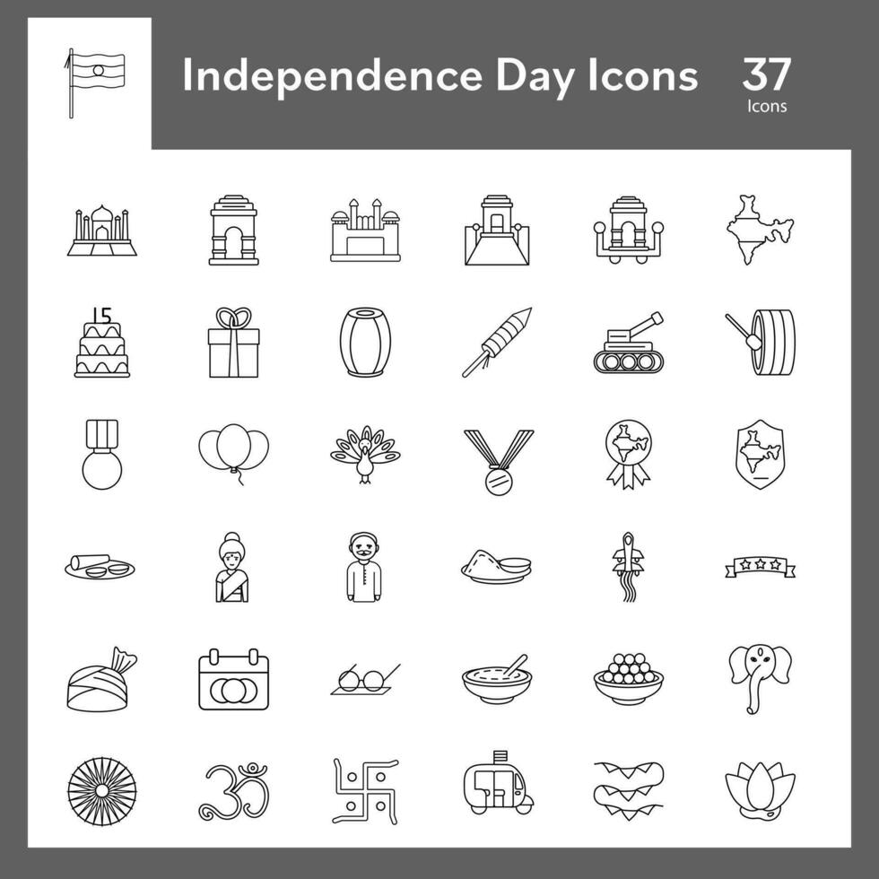 negro línea Arte conjunto de independencia día icono en plano estilo. vector