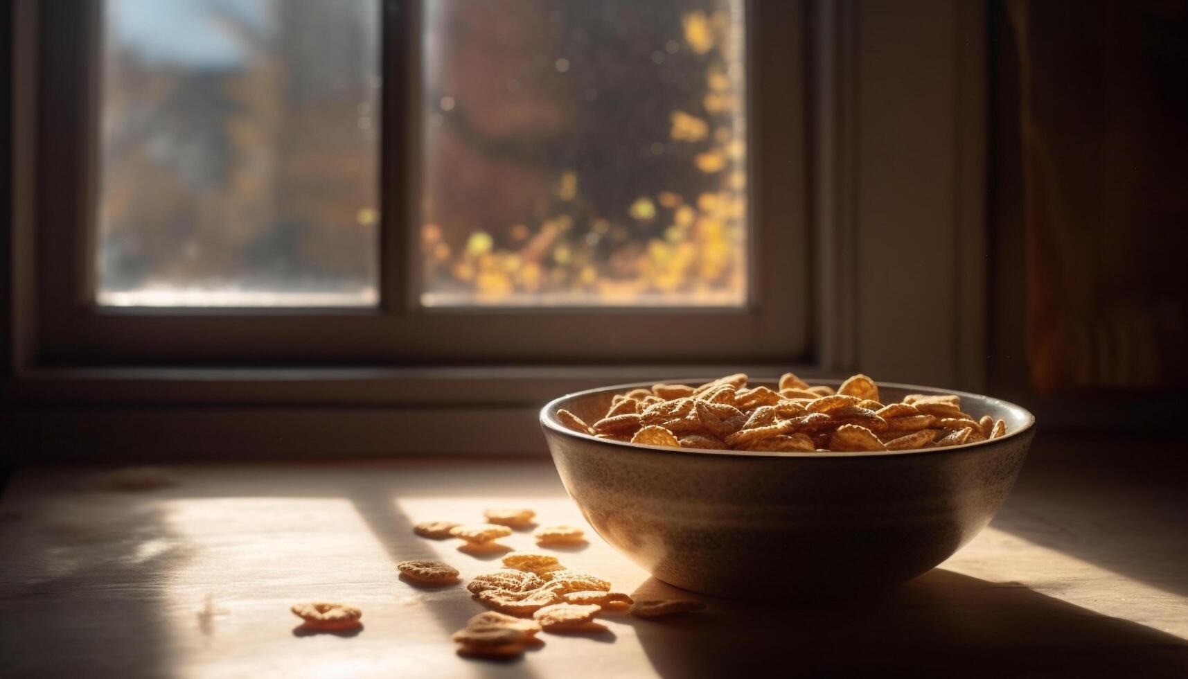 A rustic still life of healthy granola, almond, and fruit generated by AI photo