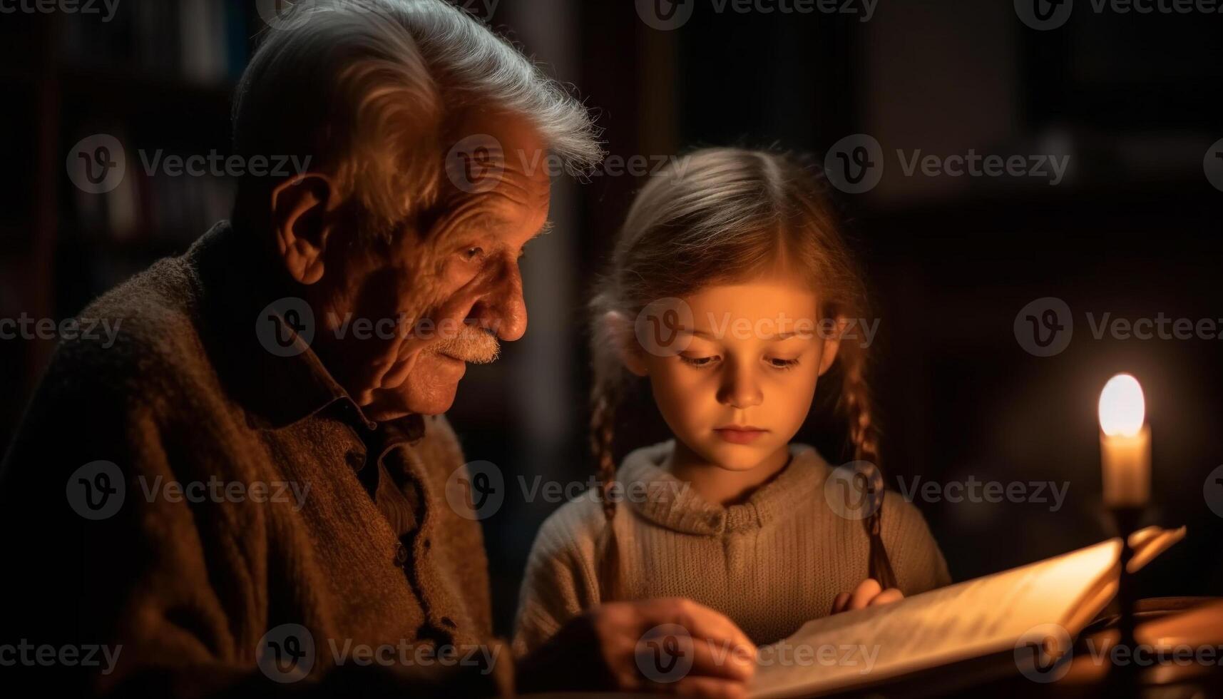 Multi generation family bonding over Christianity, reading book with grandchild smiling generated by AI photo