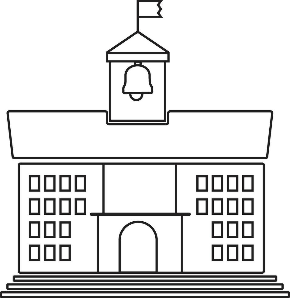 Illustration of school building with flag in black line art. vector