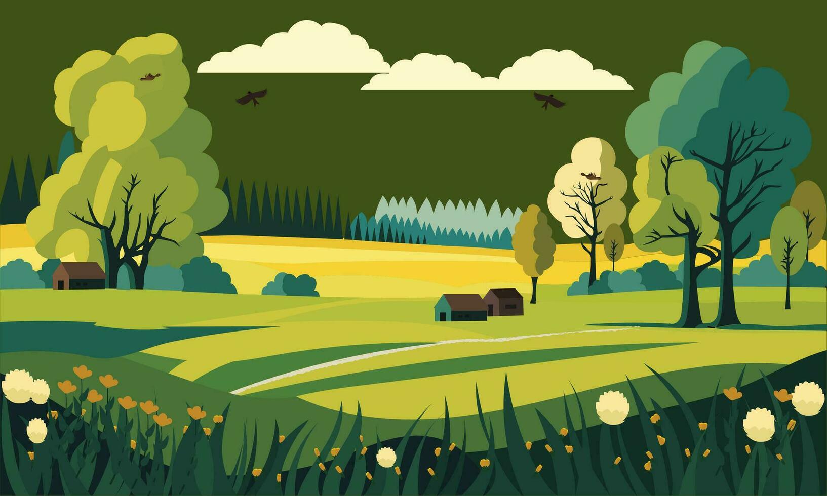 naturaleza paisaje antecedentes con floral y casa ilustración. vector