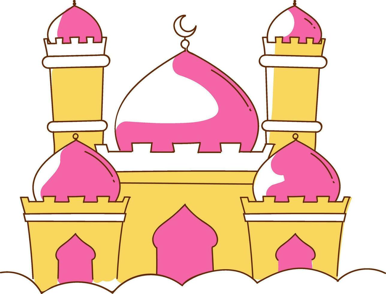 Pink And Yellow Illustration Mosque Building Doodle Element. vector