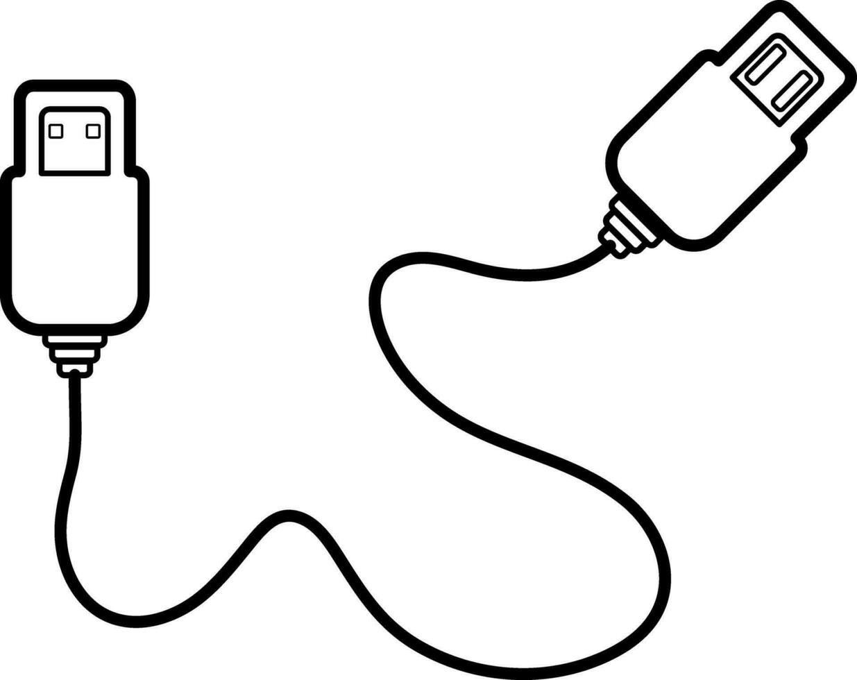 Black line art illustration of a usb cable. vector