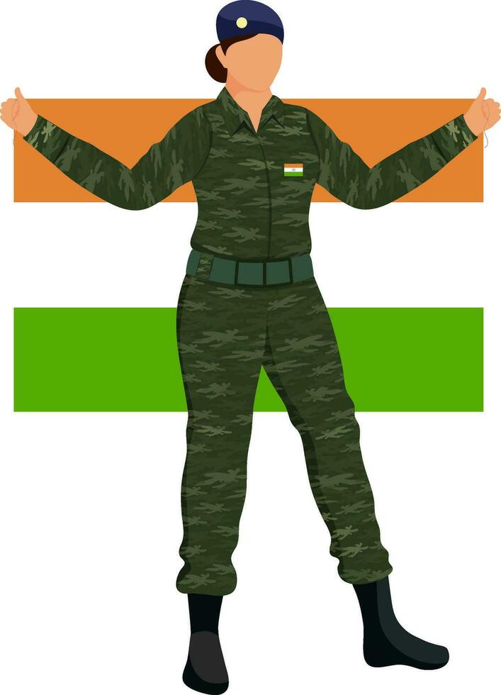 sin rostro Ejército mujer participación indio tricolor bandera en en pie pose. vector